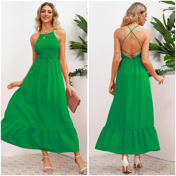 Lovely Rosetta Dresses & Skirts - (Out Of Stock) Green Smocked Crisscross Spaghetti Strap Dress
